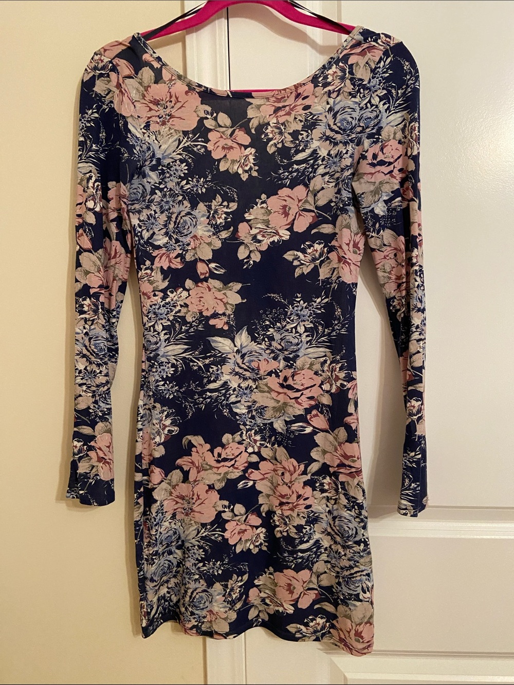 Guess XS floral body-con long-sleeve dress fitted party cocktail night out blue